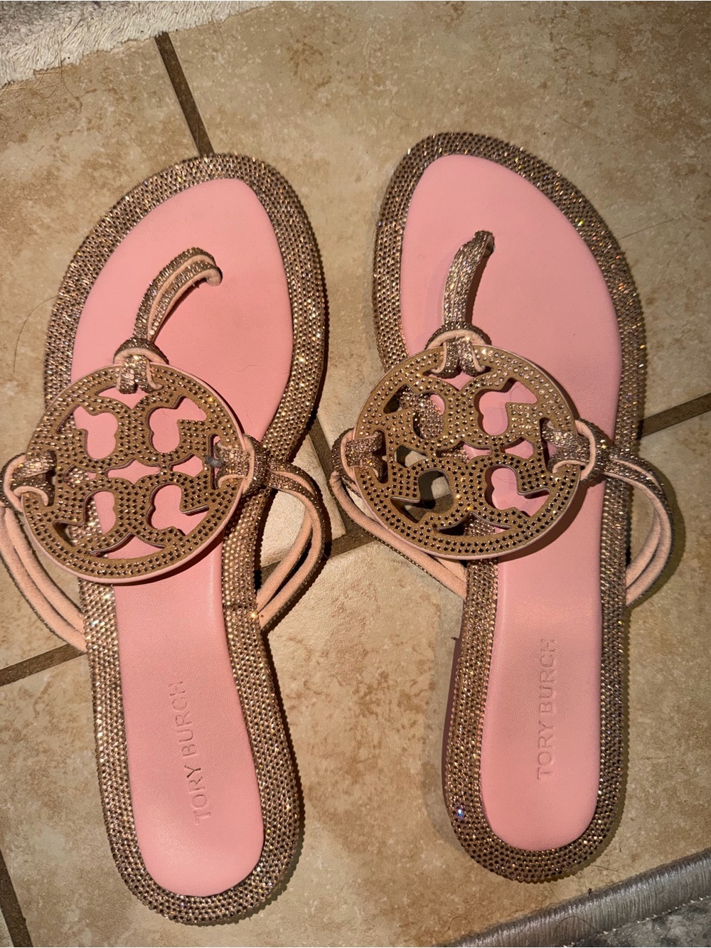 Tory Burch Pink Sandals with Gold Logo Medallions